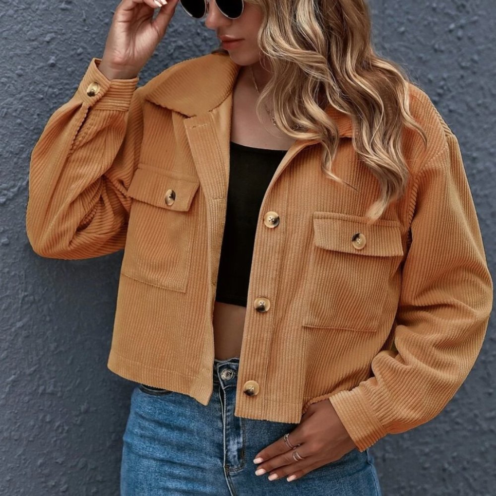 Corduroy trucker jacket shacket button up pocket - Picture 7 of 12